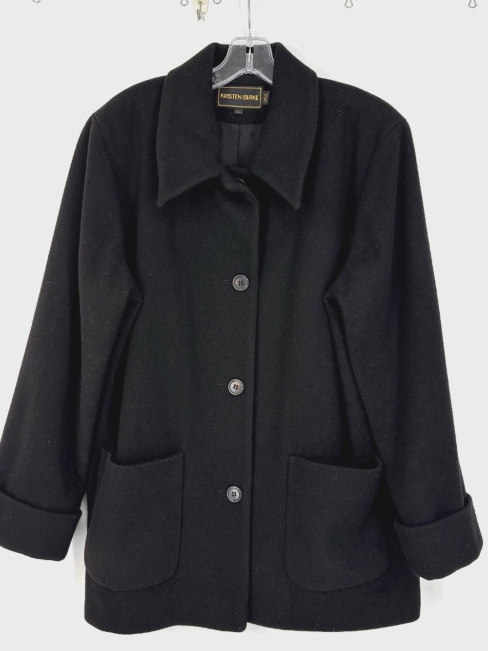 Kristen Blake Womens Large Button Front Coat Black 100% Wool Pockets Vintage